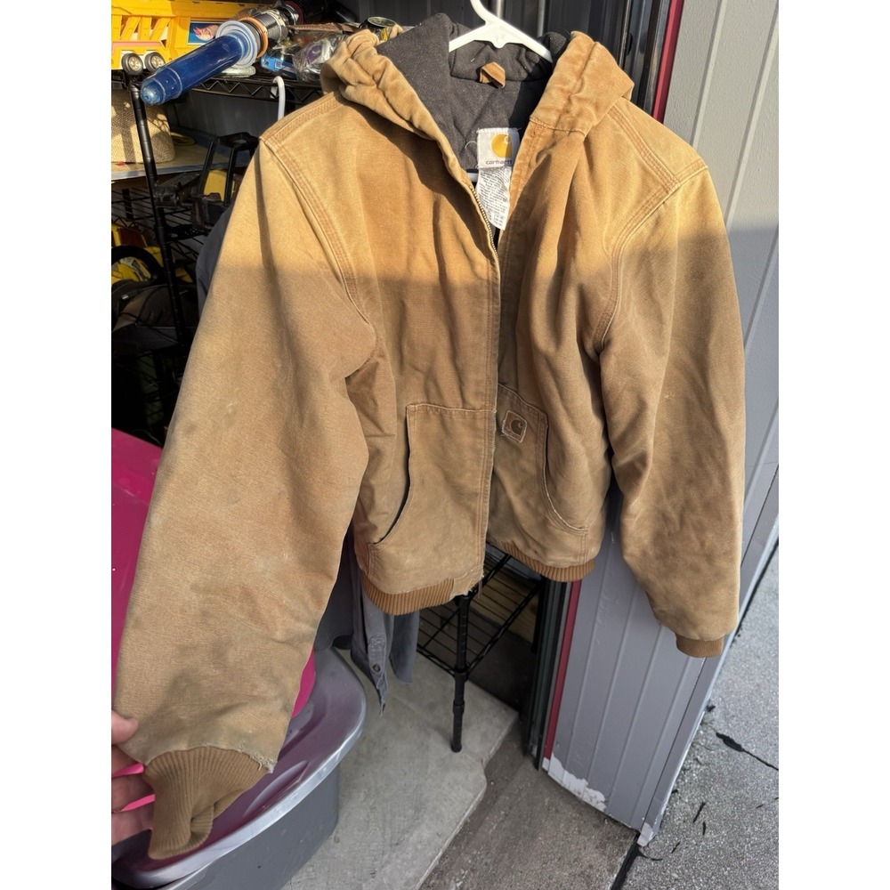 Carhartt J140 BRN Active Jacket XL Brown Duck Canvas Hooded Work Coat Distressed
